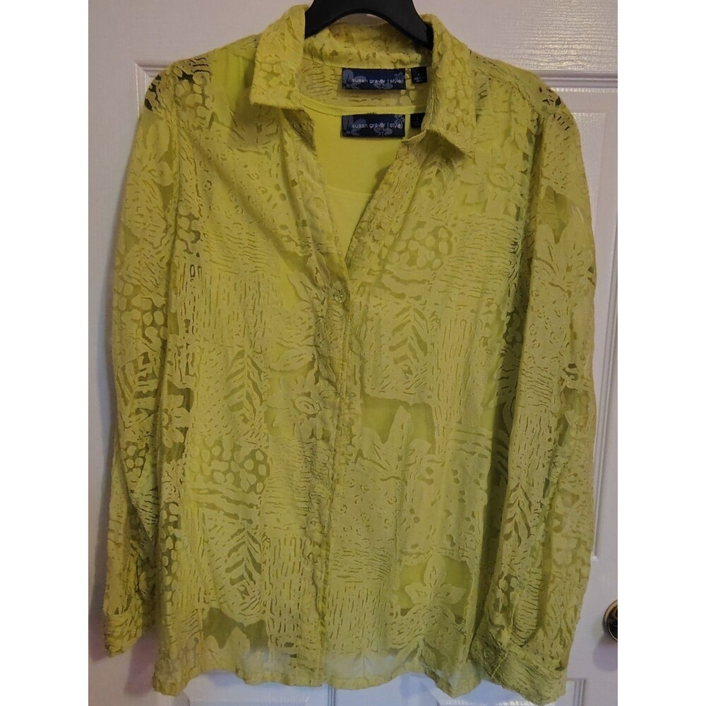 Susan Graver Style 2-Piece Green Floral Sheer Blouse & Tank Top Set L